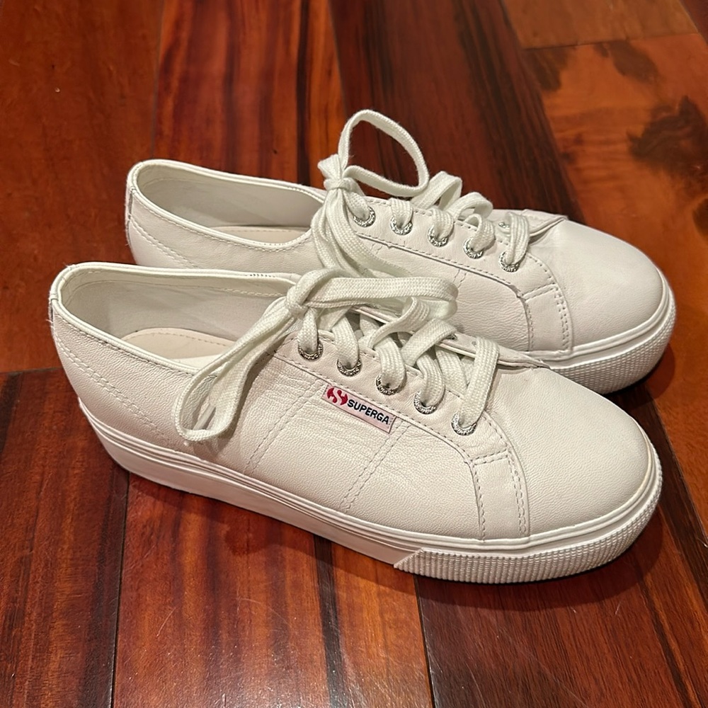 Superga Sneakers Womens Size 38 White Leather Platform